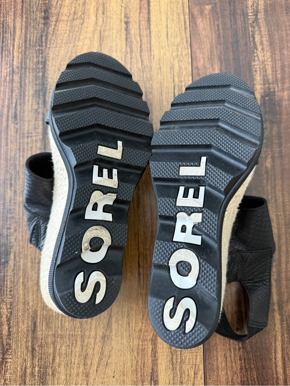 Sorel Black Leather-Look Espadrille Wedge Sandals - Picture 6 of 7